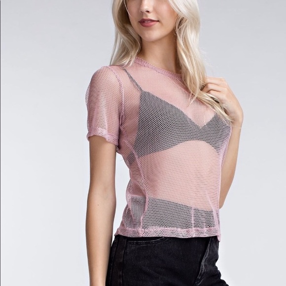 Honey Punch Sheer Fishnet Mesh Cropped Top In Pink - Picture 7 of 8